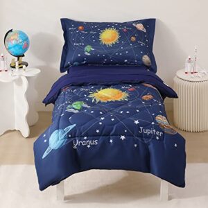 kinbedy 4 pieces space toddler bedding set for boys navy blue planet star bed sheets set comforter set for baby kids | include comforter, flat sheet, fitted sheet, pillowcase