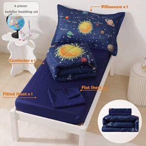 KINBEDY 4 Pieces Space Toddler Bedding Set for Boys Navy Blue Planet Star Bed Sheets Set Comforter Set for Baby Kids | Include Comforter, Flat Sheet, Fitted Sheet, Pillowcase