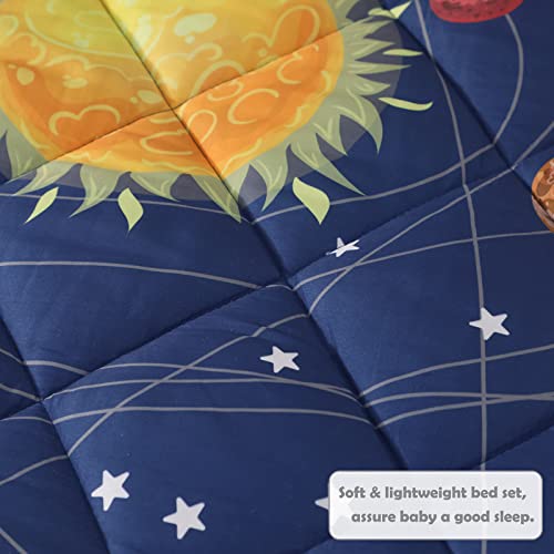 KINBEDY 4 Pieces Space Toddler Bedding Set for Boys Navy Blue Planet Star Bed Sheets Set Comforter Set for Baby Kids | Include Comforter, Flat Sheet, Fitted Sheet, Pillowcase