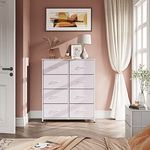 WLIVE Fabric Dresser for Bedroom, Tall Dresser with 8 Drawers, Storage Tower with Fabric Bins, Double Dresser, Chest of Drawers for Kid's Room, Closet, Playroom, Nursery, Dormitory, White