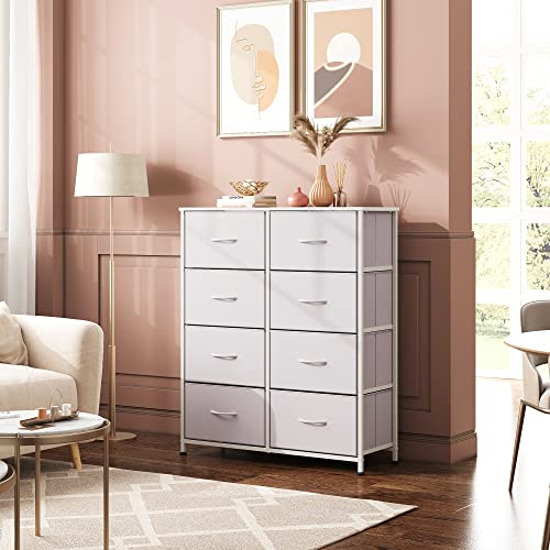 WLIVE Fabric Dresser for Bedroom, Tall Dresser with 8 Drawers, Storage Tower with Fabric Bins, Double Dresser, Chest of Drawers for Kid's Room, Closet, Playroom, Nursery, Dormitory, White