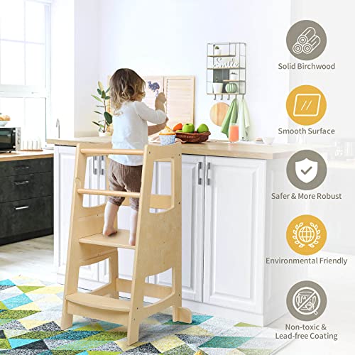 Toddler Step Stool, Wood Step Stools for Kids, Kitchen Step Stool for Toddlers with Safety Rail, Standing Tower with Three Adjustable Heights, Toddler Stool for Kitchen Counter