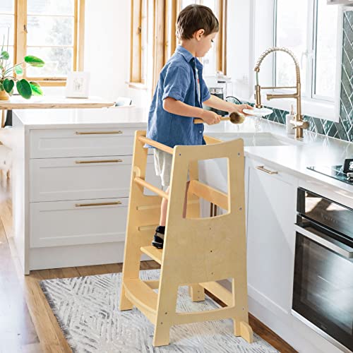 Toddler Step Stool, Wood Step Stools for Kids, Kitchen Step Stool for Toddlers with Safety Rail, Standing Tower with Three Adjustable Heights, Toddler Stool for Kitchen Counter