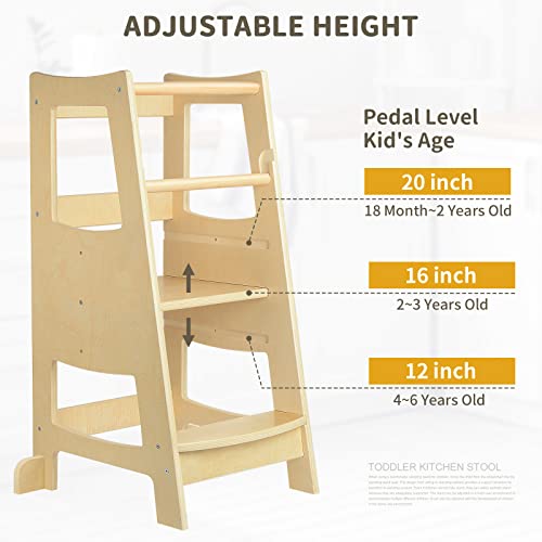 Toddler Step Stool, Wood Step Stools for Kids, Kitchen Step Stool for Toddlers with Safety Rail, Standing Tower with Three Adjustable Heights, Toddler Stool for Kitchen Counter