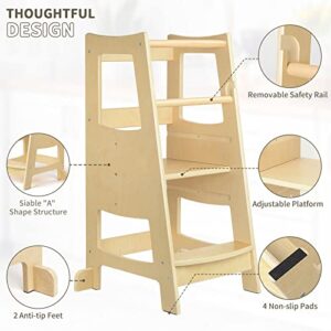 Toddler Step Stool, Wood Step Stools for Kids, Kitchen Step Stool for Toddlers with Safety Rail, Standing Tower with Three Adjustable Heights, Toddler Stool for Kitchen Counter