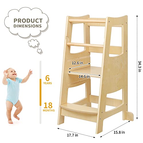 Toddler Step Stool, Wood Step Stools for Kids, Kitchen Step Stool for Toddlers with Safety Rail, Standing Tower with Three Adjustable Heights, Toddler Stool for Kitchen Counter