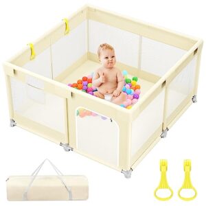 zeshwer baby playpen with gate, play pens for babies and toddlers, play yard for baby, 50"x50" baby fence, activity center for baby, sturdy safety playpen with anti-slip base, beige