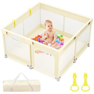 ZESHWER Baby Playpen with Gate, Play Pens for Babies and Toddlers, Play Yard for Baby, 50"x50" Baby Fence, Activity Center for Baby, Sturdy Safety Playpen with Anti-Slip Base, Beige