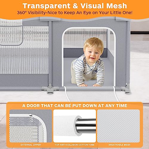 ZESHWER Baby Playpen, Playpen for Babies with Gate, 50”×50” Large Playpen for Toddlers, Baby Fence Play Area, Sturdy Safety Baby Play Yard with Soft Breathable Mesh, Grey