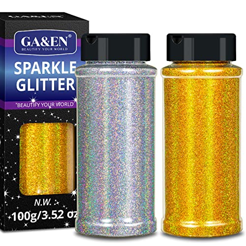 Holographic Ultra Fine Glitter 100g Silver+100g Gold Fine Glitter 200g/7.04oz Sparkle Glitter Powder for Resin Tumbler Project and Craft Iridescent Glitter for Nail Art and Body Makeup