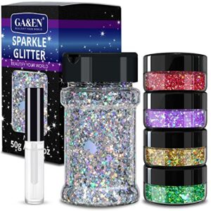 holographic chunky glitter 50g silver+8g*4 body glitter with multi-shapes gold+magic purple+red+green sparkle glitter for body face eye hair makeup glitter for resin project+quick dry makeup glue