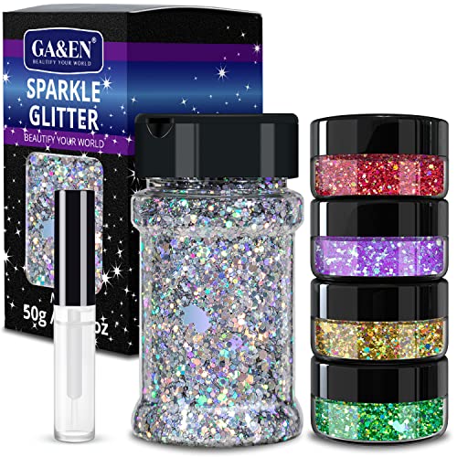 Holographic Chunky Glitter 50g Silver+8g*4 Body Glitter with Multi-Shapes Gold+Magic Purple+Red+Green Sparkle Glitter for Body Face Eye Hair Makeup Glitter for Resin Project+Quick Dry Makeup Glue