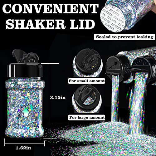 Holographic Chunky Glitter 50g Silver+8g*4 Body Glitter with Multi-Shapes Gold+Magic Purple+Red+Green Sparkle Glitter for Body Face Eye Hair Makeup Glitter for Resin Project+Quick Dry Makeup Glue