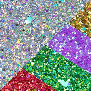 Holographic Chunky Glitter 50g Silver+8g*4 Body Glitter with Multi-Shapes Gold+Magic Purple+Red+Green Sparkle Glitter for Body Face Eye Hair Makeup Glitter for Resin Project+Quick Dry Makeup Glue