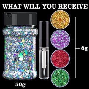 Holographic Chunky Glitter 50g Silver+8g*4 Body Glitter with Multi-Shapes Gold+Magic Purple+Red+Green Sparkle Glitter for Body Face Eye Hair Makeup Glitter for Resin Project+Quick Dry Makeup Glue