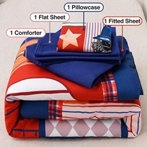 A Nice Night Sports Patchwork for Boys Basketball Baseball Rugby Soccer Printed Toddler Bedding Set,Includes Comforter, Flat Sheet, Fitted Sheet and Pillowcase, Navy