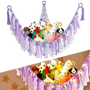 stuffed animal net or hammock with light, hanging plush toy hammock stuffed animal storage organizer holder room decor with tassels hooks for kids nursery playroom bedroom