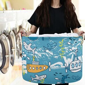 visesunny Funny Submarine Shark Blue Laundry Baskets Fabric Storage Bin Storage Box Collapsible Storage Basket Toy Clothes Shelves Basket for Bathroom,Bedroom,Nursery,Closet,Office