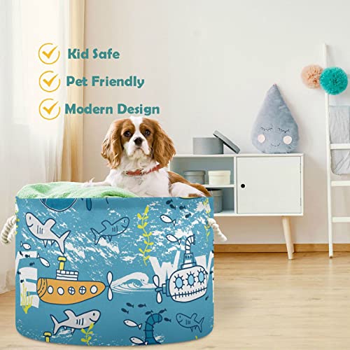 visesunny Funny Submarine Shark Blue Laundry Baskets Fabric Storage Bin Storage Box Collapsible Storage Basket Toy Clothes Shelves Basket for Bathroom,Bedroom,Nursery,Closet,Office