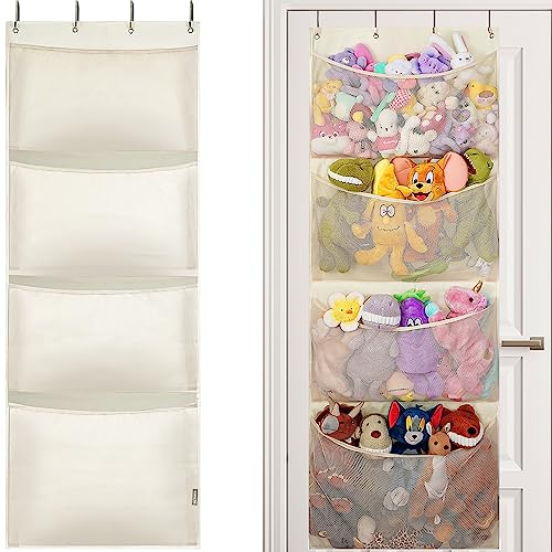 VICTOR'S Stuffed Animal Storage, Over The Door Organizer Storage for Closet, Baby, Plush Toy, Stuffed Animal Holder with 4 Large Hidden Pockets, Room Organizer for Nursery, Bedroom, Kids' Room, Beige