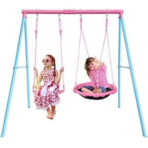 jygopla 440lbs 2 play stations swing sets for backyard, 1 saucer tree swing 32 inch, 1 belt swings, heavy duty metal swing stand with anchors(pink+blue)