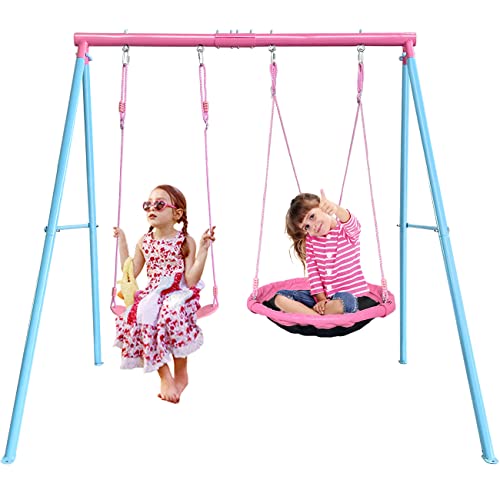 JYGOPLA 440lbs 2 Play Stations Swing Sets for Backyard, 1 Saucer Tree Swing 32 inch, 1 Belt Swings, Heavy Duty Metal Swing Stand with Anchors(Pink+Blue)