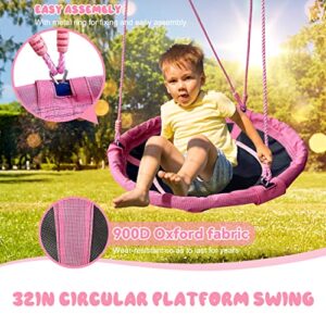 JYGOPLA 440lbs 2 Play Stations Swing Sets for Backyard, 1 Saucer Tree Swing 32 inch, 1 Belt Swings, Heavy Duty Metal Swing Stand with Anchors(Pink+Blue)
