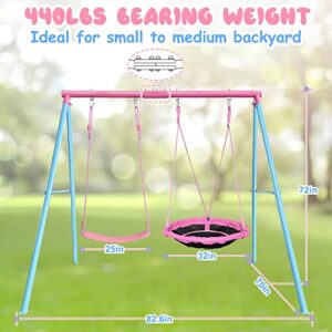 JYGOPLA 440lbs 2 Play Stations Swing Sets for Backyard, 1 Saucer Tree Swing 32 inch, 1 Belt Swings, Heavy Duty Metal Swing Stand with Anchors(Pink+Blue)