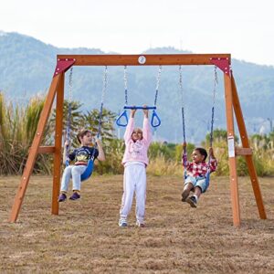 dolphin playground wooden swing sets for backyard, family diy kit for any swings, outdoor playset for kids with trapeze swing bar and 2 belt swings, heavy duty playground accessories, ages 3-12