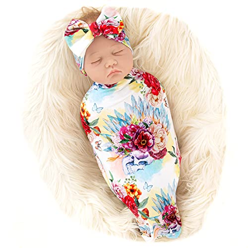 AirXing Newborn Baby Blanket Turban Baby Receive Blanket Flower Swaddling Blanket Printed Baby Swaddle Receive Blanket（Bright Colors）