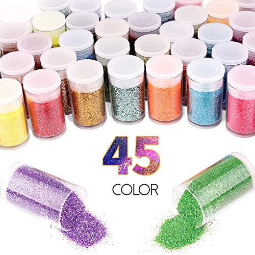 Ultra Fine Glitter 45 Colors Set, Holographic Glitter Powder for Tumblers, Arts and Craft Glitter, Iridescent Glitter for Epoxy Resin, Cosmetic Glitter for Body Nail Face Hair Eyeshadow Makeup