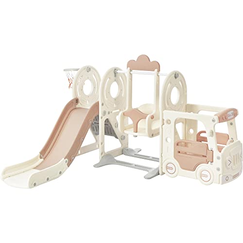 Merax 5-in-1 Kids Slide with Swing, Indoor Baby Slide Swing Set with Basketball Hoop, Climber & Bus Playhouse, Outdoor Slide Playset for Toddlers Age 1+ (Bus Swing & Slide Beige)