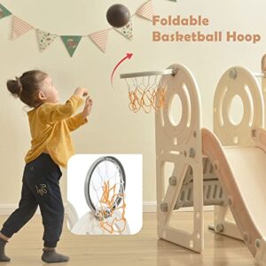 Merax 5-in-1 Kids Slide with Swing, Indoor Baby Slide Swing Set with Basketball Hoop, Climber & Bus Playhouse, Outdoor Slide Playset for Toddlers Age 1+ (Bus Swing & Slide Beige)