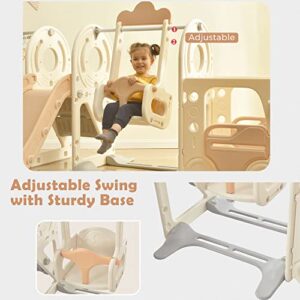 Merax 5-in-1 Kids Slide with Swing, Indoor Baby Slide Swing Set with Basketball Hoop, Climber & Bus Playhouse, Outdoor Slide Playset for Toddlers Age 1+ (Bus Swing & Slide Beige)