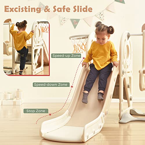 Merax 5-in-1 Kids Slide with Swing, Indoor Baby Slide Swing Set with Basketball Hoop, Climber & Bus Playhouse, Outdoor Slide Playset for Toddlers Age 1+ (Bus Swing & Slide Beige)