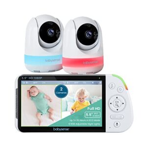 Babysense 5.5” 1080p Full HD Split-Screen Baby Monitor, Video Baby Monitor with Camera and Audio, Two PTZ Cameras, RGB Night Light, 1000ft Range, Two-Way Audio, 4X Zoom, 5000mAh Battery