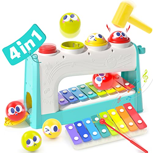 HOLA Toys for 1 Year Old Boy Gifts- 4 in1 Musical Pounding Toy with Xylophone, Baby Toys 12-18 Months, 1 Year Old Toys for Boys Toddler Toys Age 1-2 3, Montessori Toys for 1 Year Old Girl Gifts