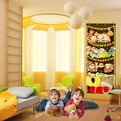 Stuffed Animal Storage with LED Light, Over the Door Hanging Stuffed Animal Holder with 5 Meters LED Fairy String, 4 Large Pockets for Stuffed Animal Storage Ideas, Nursery, Bedroom, Kids Room