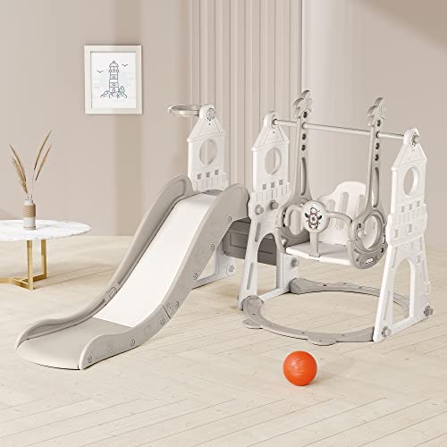 DUKE BABY 4-in-1 Kids Slide and Swing Set - Perfect for Toddlers 1-5 Years - Extra-Large Indoor and Outdoor Playground - Includes Slide, Swing, Basketball Hoop, and Climber – Grey and White