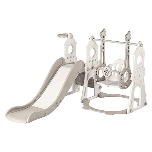 DUKE BABY 4-in-1 Kids Slide and Swing Set - Perfect for Toddlers 1-5 Years - Extra-Large Indoor and Outdoor Playground - Includes Slide, Swing, Basketball Hoop, and Climber – Grey and White