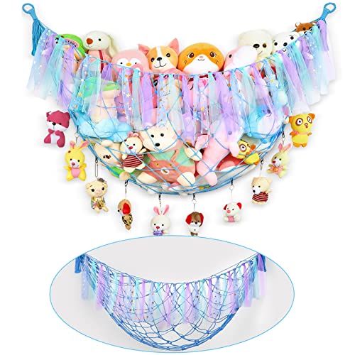 Basumee Stuffed Animals Net Or Hammock Wall Mounted Stuffed Animals Storage Display Plush Toy Storage With Tassels For Nursery Playroom Kids Room Decor