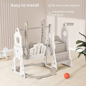 DUKE BABY 4-in-1 Kids Slide and Swing Set - Perfect for Toddlers 1-5 Years - Extra-Large Indoor and Outdoor Playground - Includes Slide, Swing, Basketball Hoop, and Climber – Grey and White