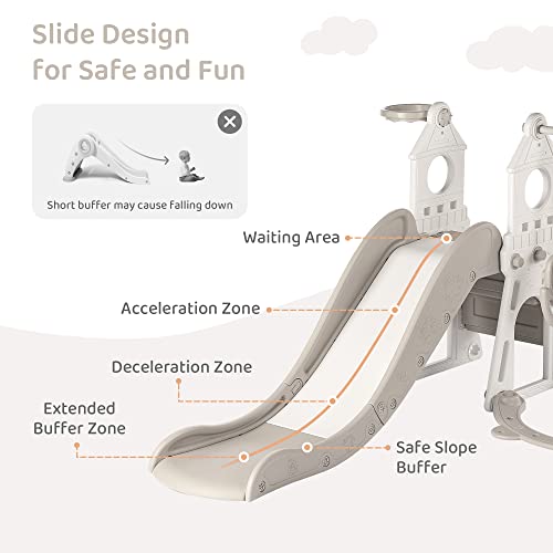 DUKE BABY 4-in-1 Kids Slide and Swing Set - Perfect for Toddlers 1-5 Years - Extra-Large Indoor and Outdoor Playground - Includes Slide, Swing, Basketball Hoop, and Climber – Grey and White