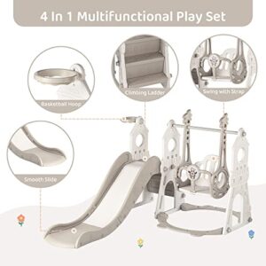 DUKE BABY 4-in-1 Kids Slide and Swing Set - Perfect for Toddlers 1-5 Years - Extra-Large Indoor and Outdoor Playground - Includes Slide, Swing, Basketball Hoop, and Climber – Grey and White