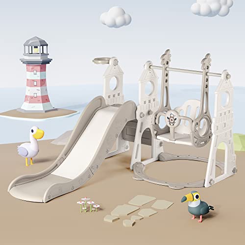 DUKE BABY 4-in-1 Kids Slide and Swing Set - Perfect for Toddlers 1-5 Years - Extra-Large Indoor and Outdoor Playground - Includes Slide, Swing, Basketball Hoop, and Climber – Grey and White