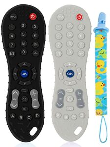 teething toys for babies 6-12 months-2 pack silicone tv remote control shape baby hand teethers for 12 to 18 months -infant chew toys with anti-drop pacifier clip-safety tested (black & grey)