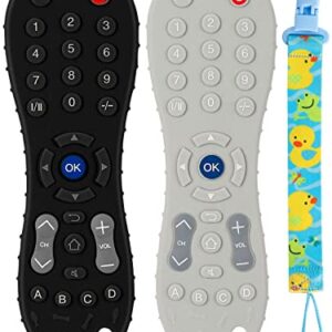 Teething Toys for Babies 6-12 Months-2 Pack Silicone TV Remote Control Shape Baby Hand Teethers for 12 to 18 Months -Infant Chew Toys with Anti-Drop Pacifier Clip-Safety Tested (Black & Grey)