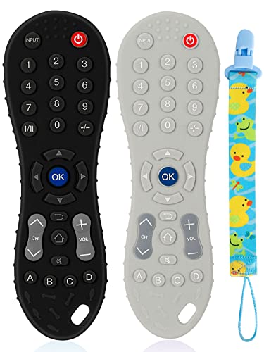 Teething Toys for Babies 6-12 Months-2 Pack Silicone TV Remote Control Shape Baby Hand Teethers for 12 to 18 Months -Infant Chew Toys with Anti-Drop Pacifier Clip-Safety Tested (Black & Grey)