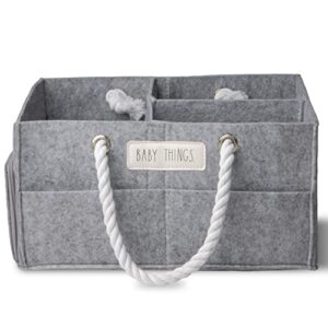rae dunn baby diaper caddy organizer, baby things storage organizer for nursery, changing table and car, portable basket for baby items, baby shower gifts, grey felt with rope handles, small