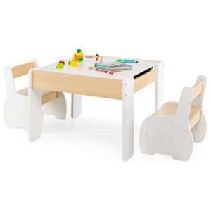 costzon kids table and chair set, 4 in 1 wooden activity table & 2 chairs for arts, crafts, drawing, reading, 3 pcs toddler furniture with storage, detachable blackboard, gift for boys girls (white)